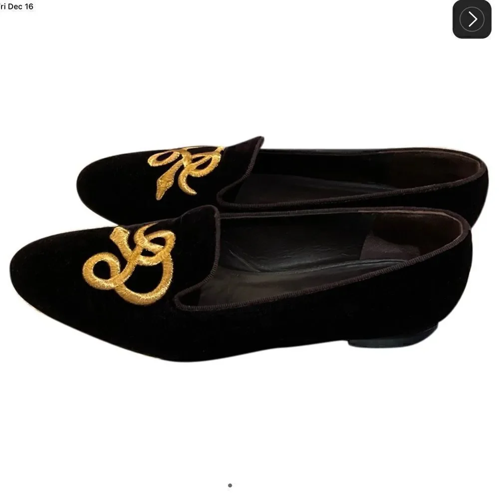 Ralph Lauren Collection Black Velvet Gold Bullion Embroidered Snake Slipper